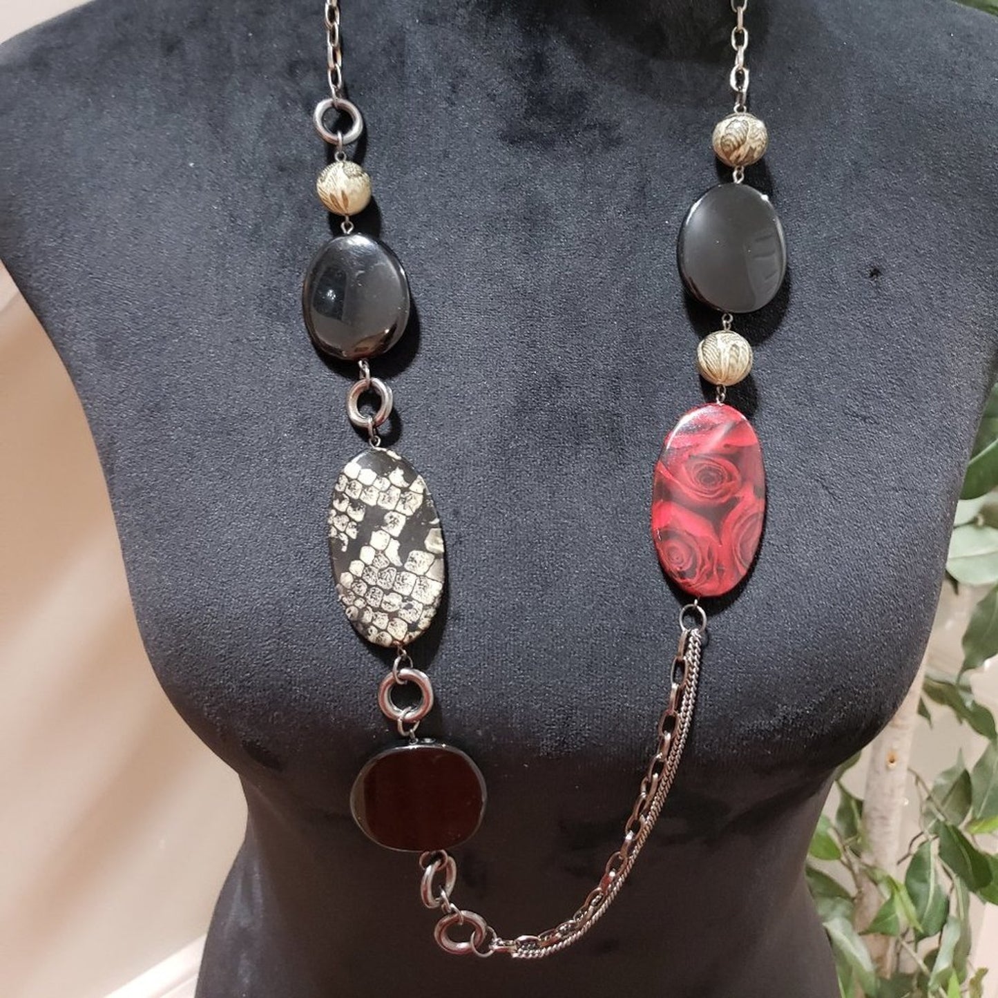 Premier Design Stone Mixed Media Silver Tone Adjustable Long Necklace w/ Lobster