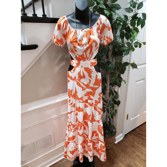 Womens White Orange Floral Pleated Waist Backless Short Sleeve Long Maxi Dress L