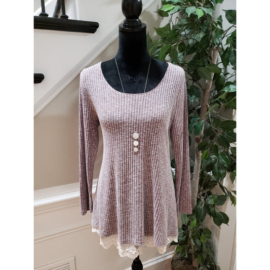 Umgee Women's Gray Striped Cotton Casual Round Neck Long Sleeve Sweater Small