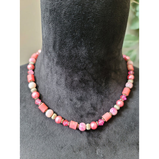 Women's Pink Beaded Necklace With Lobster Clasp Handmade Chunky Statement Style