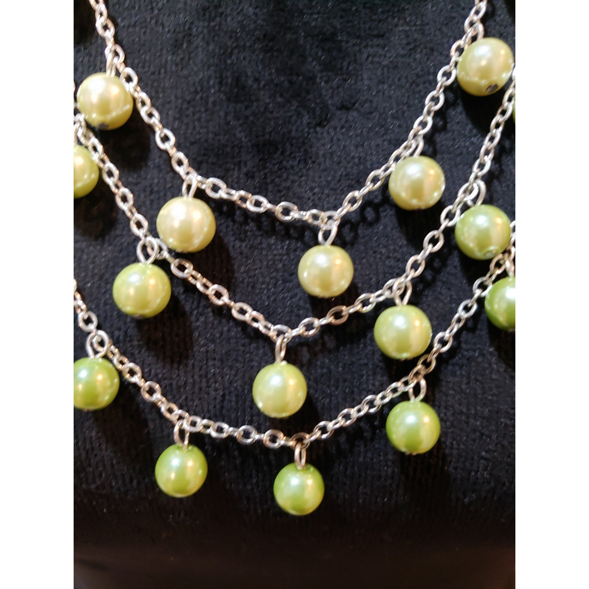 Women 3 Layered Silver Tone Green Faux Pearl Drippy Statement Necklace Jewelry
