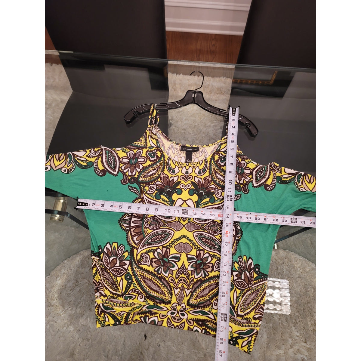 INC Blouse Top Women Small Green/Yellow Paisley Cold Shoulder 3/4 Batwing Sleeve