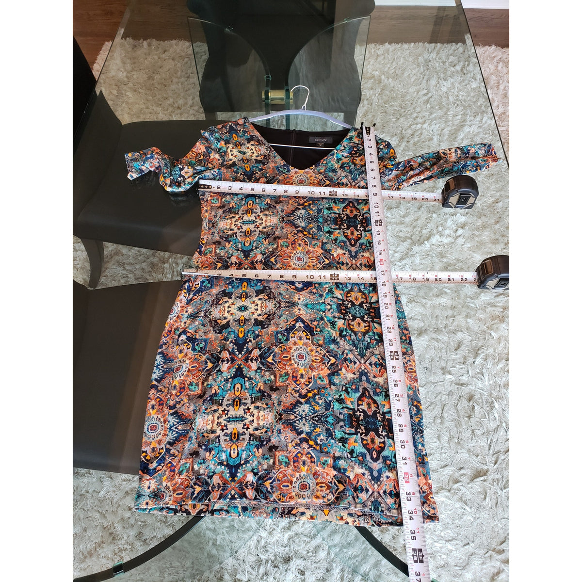 Karen Kane Knee Length Dress Womens Medium Multi Viscose Casual V Neck Back Zip