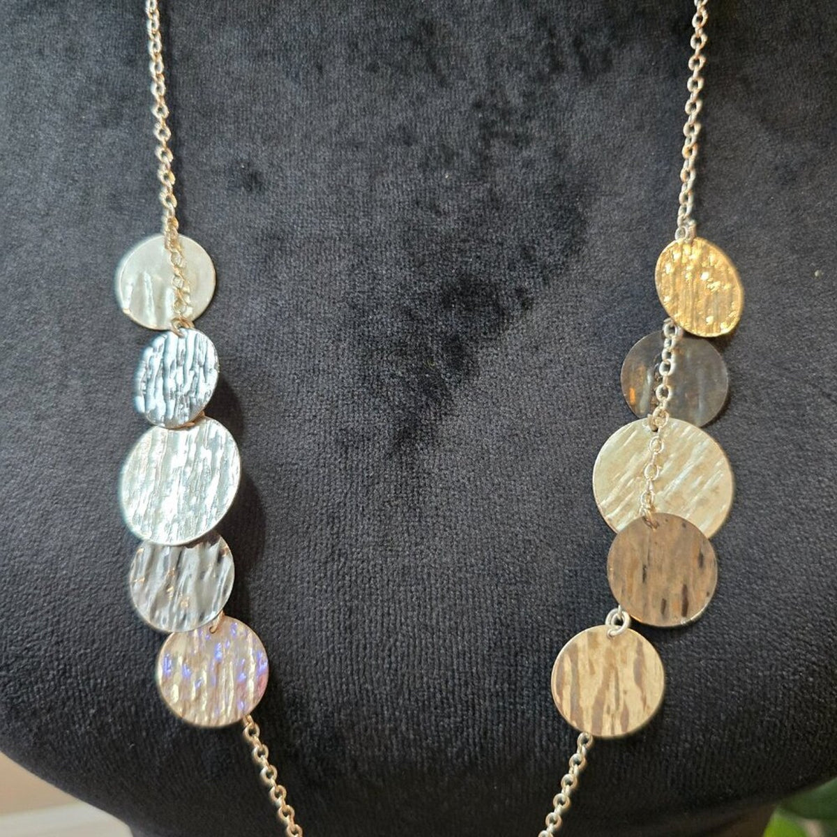 Women Round Etched Medallions Silver Tone Long Chain Necklace with Lobster Clasp