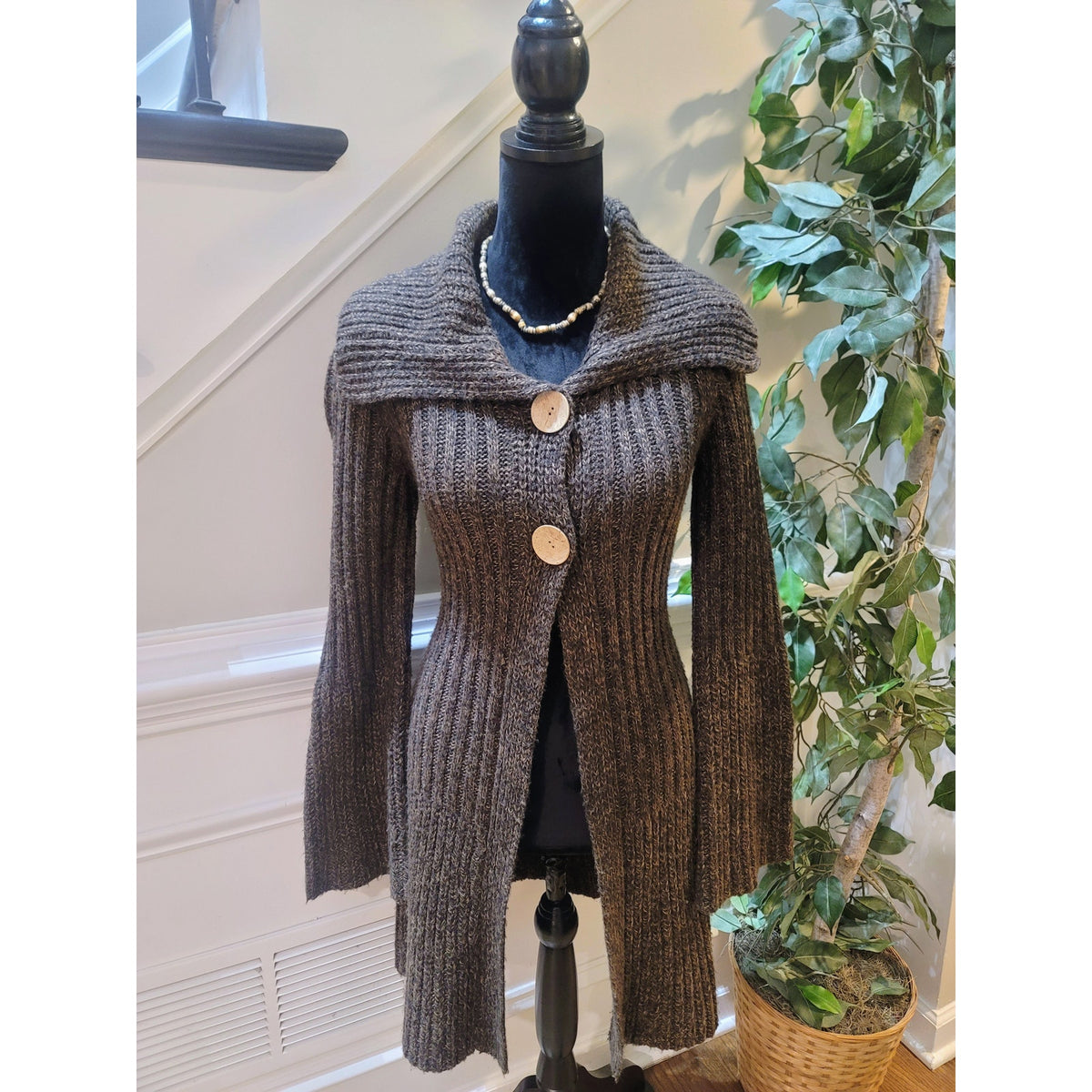 No Boundaries Long Cardigan Jacket Women's Large Brown Button Front Long Sleeve