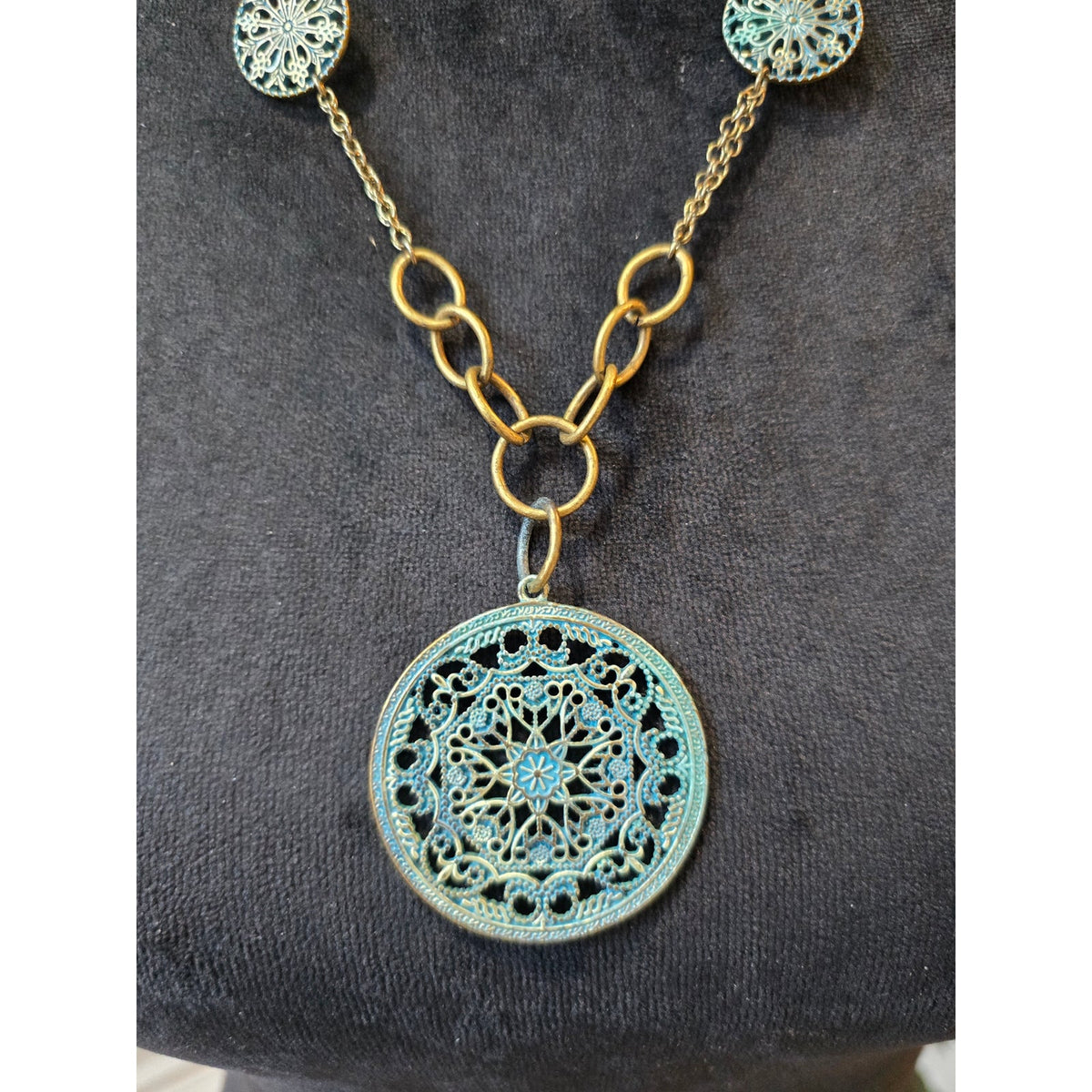 Women's Gold-Tone Blue Filigree 3-Medallion Pendant Necklace with Lobster Clasp