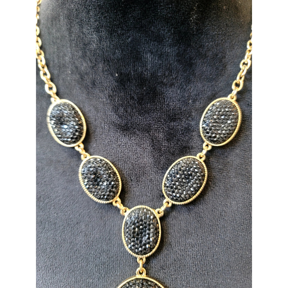 Vintage Black Crystal Statement Pendant Necklace Gold Tone Oval Pave Bib Collar
