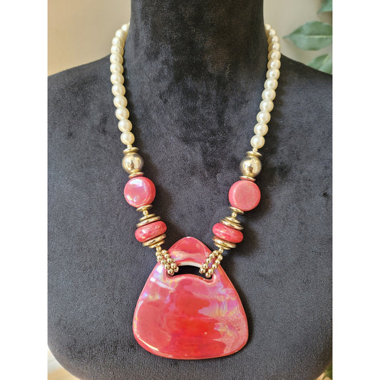 Women's Pearl And Red Pendant Necklace Statement Beaded Fashion Jewelry