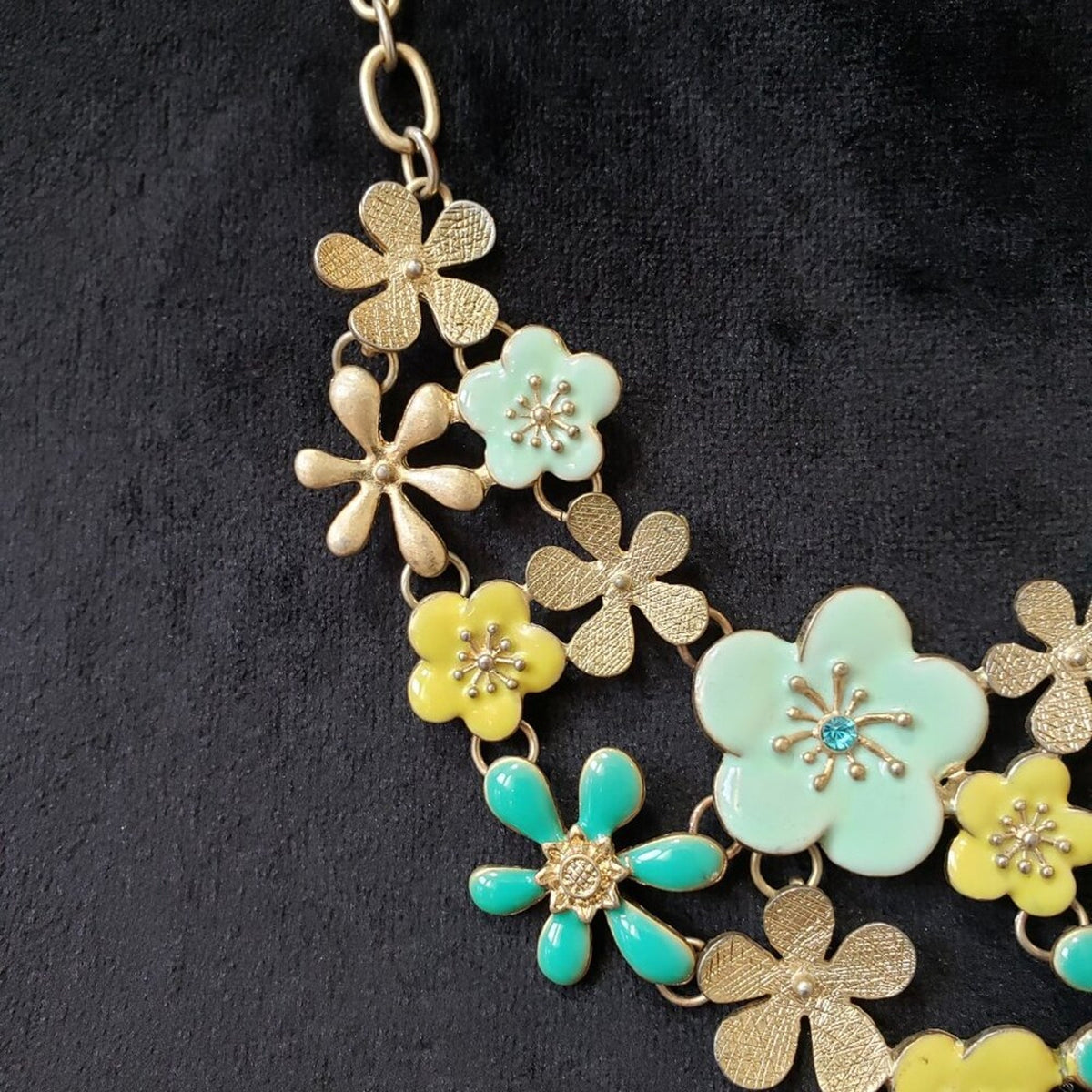 Womens Blue Yellow Rhinestone Floral Bib Necklace Jewelry with Lobster Clasp