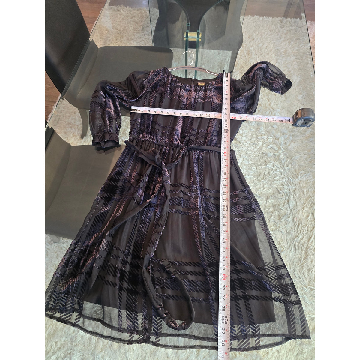 Taylor A-Line Dress 14 Black Velvet Plaid Tie-Waist Scoop Puff Shoulder Party