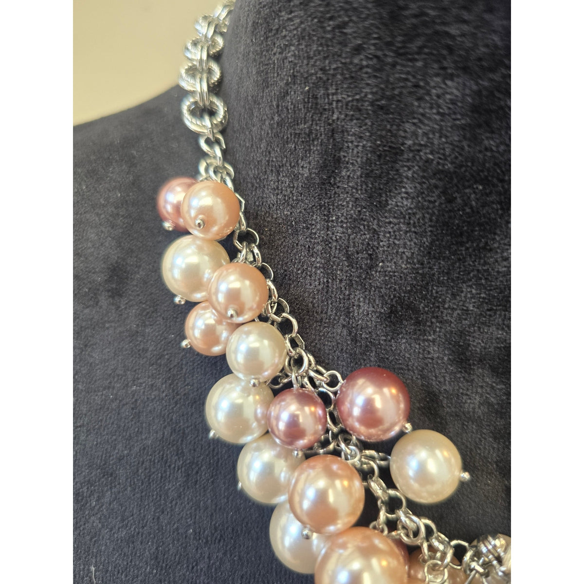 Peach Pink Champagne Faux Pearl Beaded Cluster Gold Tone Bib Necklace