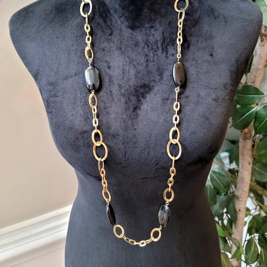 Womens Fashion Black Link Chain & Beaded Necklace Jewelry with Lobster Clasp