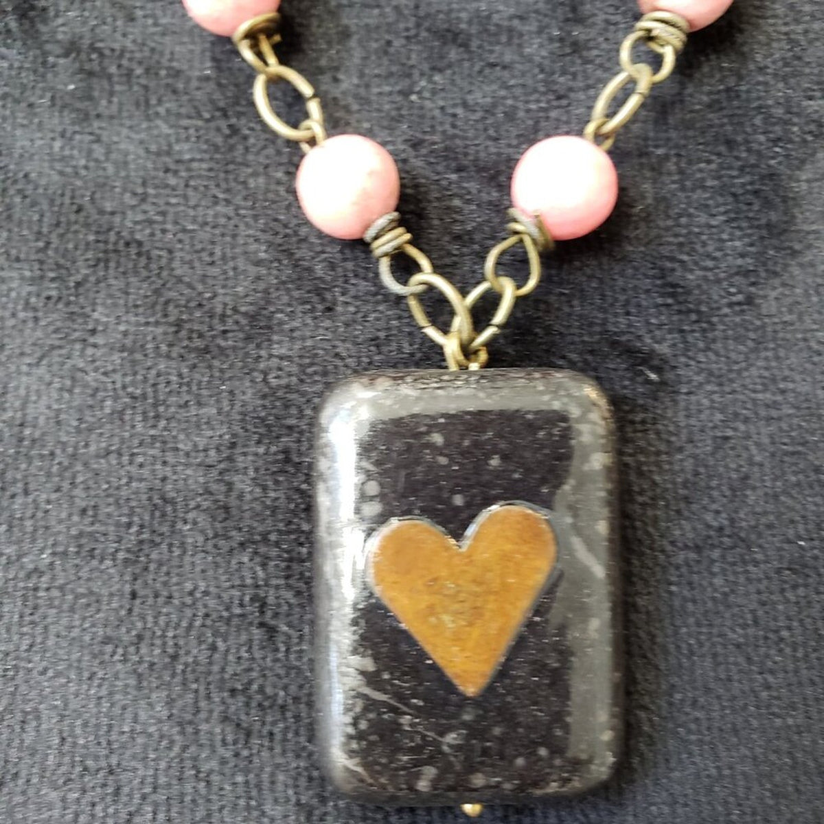 Womens Black Marble Pendant Pink Beaded Necklace Jewelry with Lobster Clasp