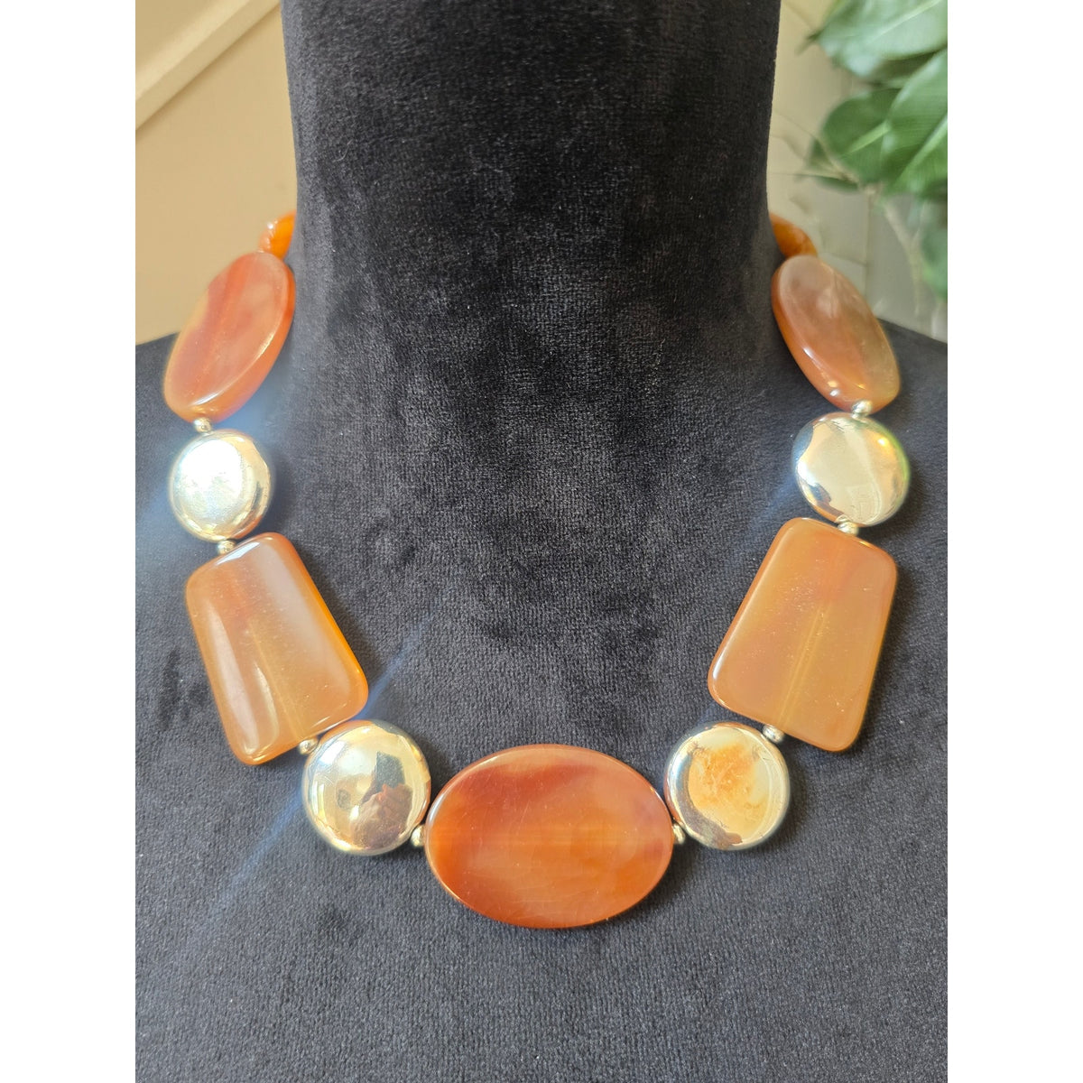 Chunky Orange Gold Tone Geometric Beaded Statement Necklace