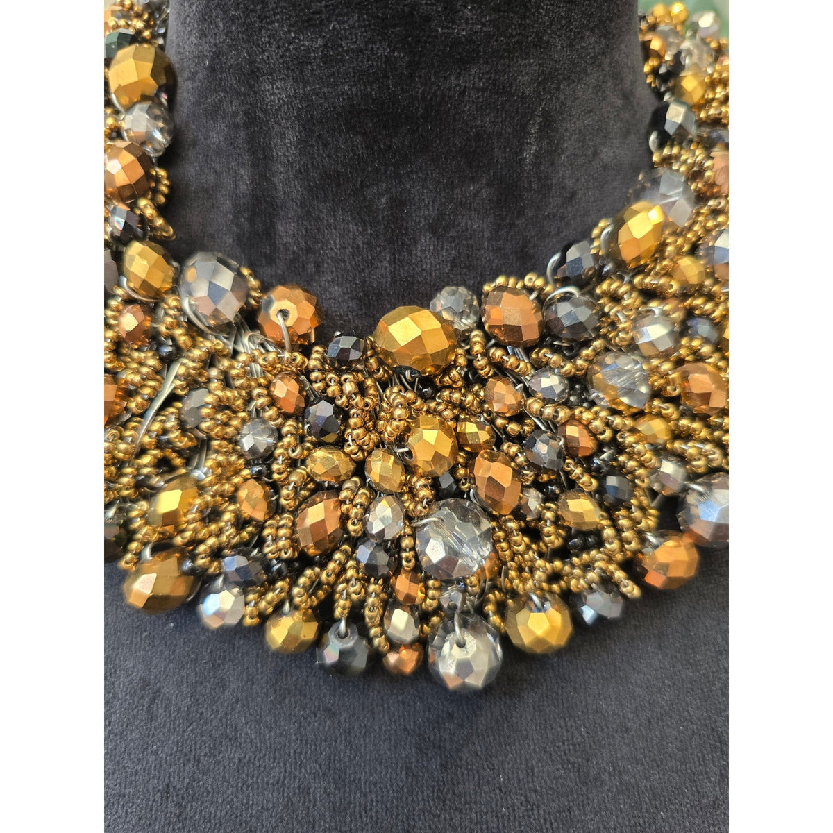 Aldo Gold Amber Bronze Crystal Beaded Layered Bib Collar Necklace