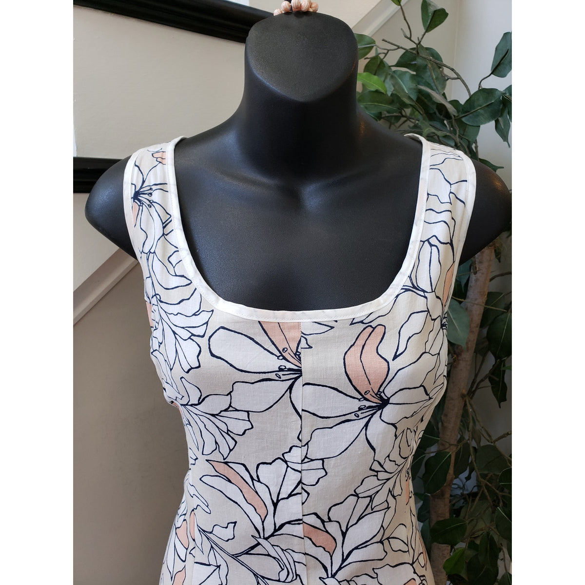 Jones New York Maxi Dress Linen 6 Ivory Floral Handkerchief Back Zip Square Neck