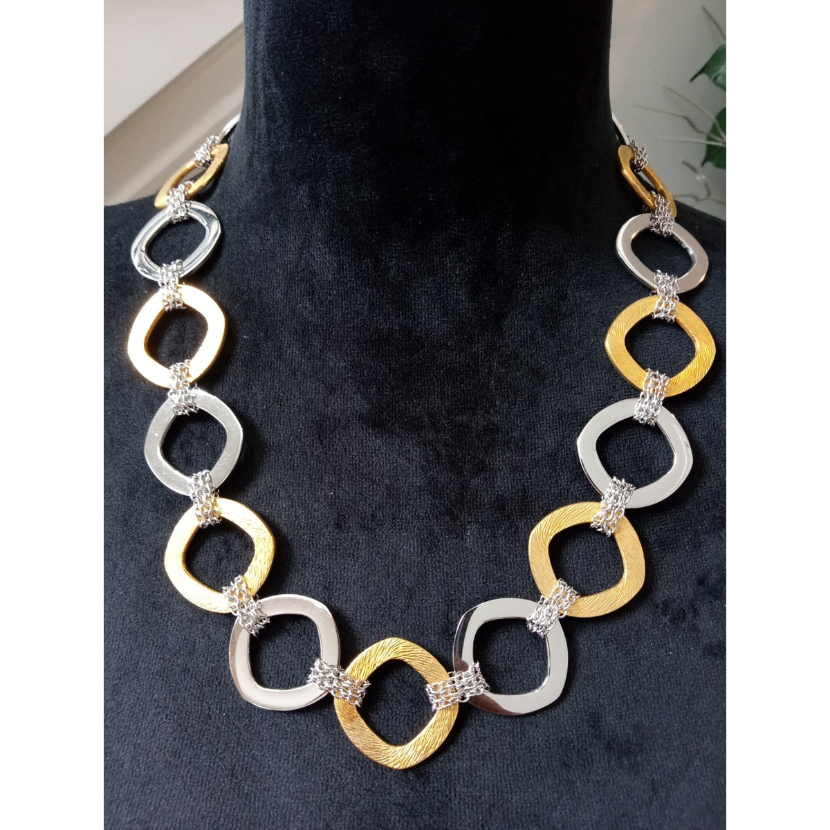 Two Tone Gold Silver Open Link Statement Necklace Rhinestone Accent Geometric