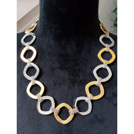 Two Tone Gold Silver Open Link Statement Necklace Rhinestone Accent Geometric