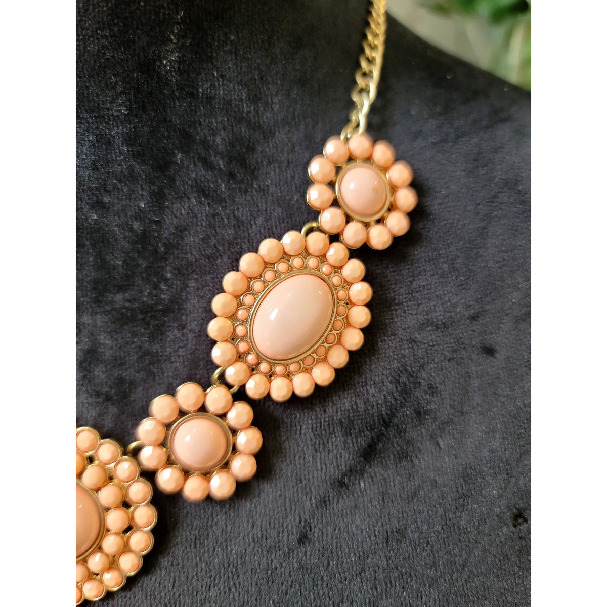 Peach Blush Beaded Cabochon Statement Necklace Gold Tone