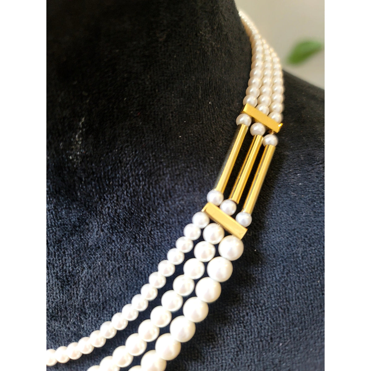 Vintage Triple Strand Faux Pearl Necklace Gold Tone Tube Spacer Statement Collar