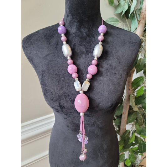 Women's Statement Necklace Pink Purple Beaded Long Tassel No Clasp Jewelry