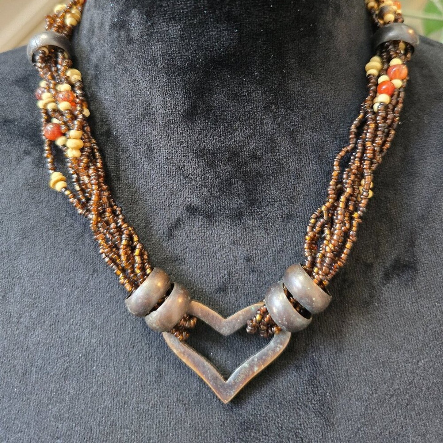 Women Brown Multiple Layered Seed Bead Heart Pendant Necklace with Lobster Clasp