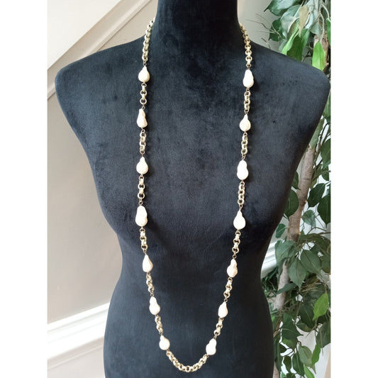 Chico's Long Gold Tone Chain Necklace White Bead Stations Boho Statement Jewelry