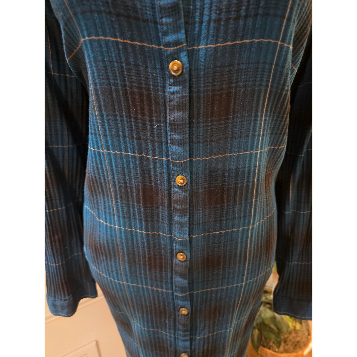 J. Jill Shirt Dress 2X Navy Blue Cotton Plaid Pleated Collared Casual Button-Up