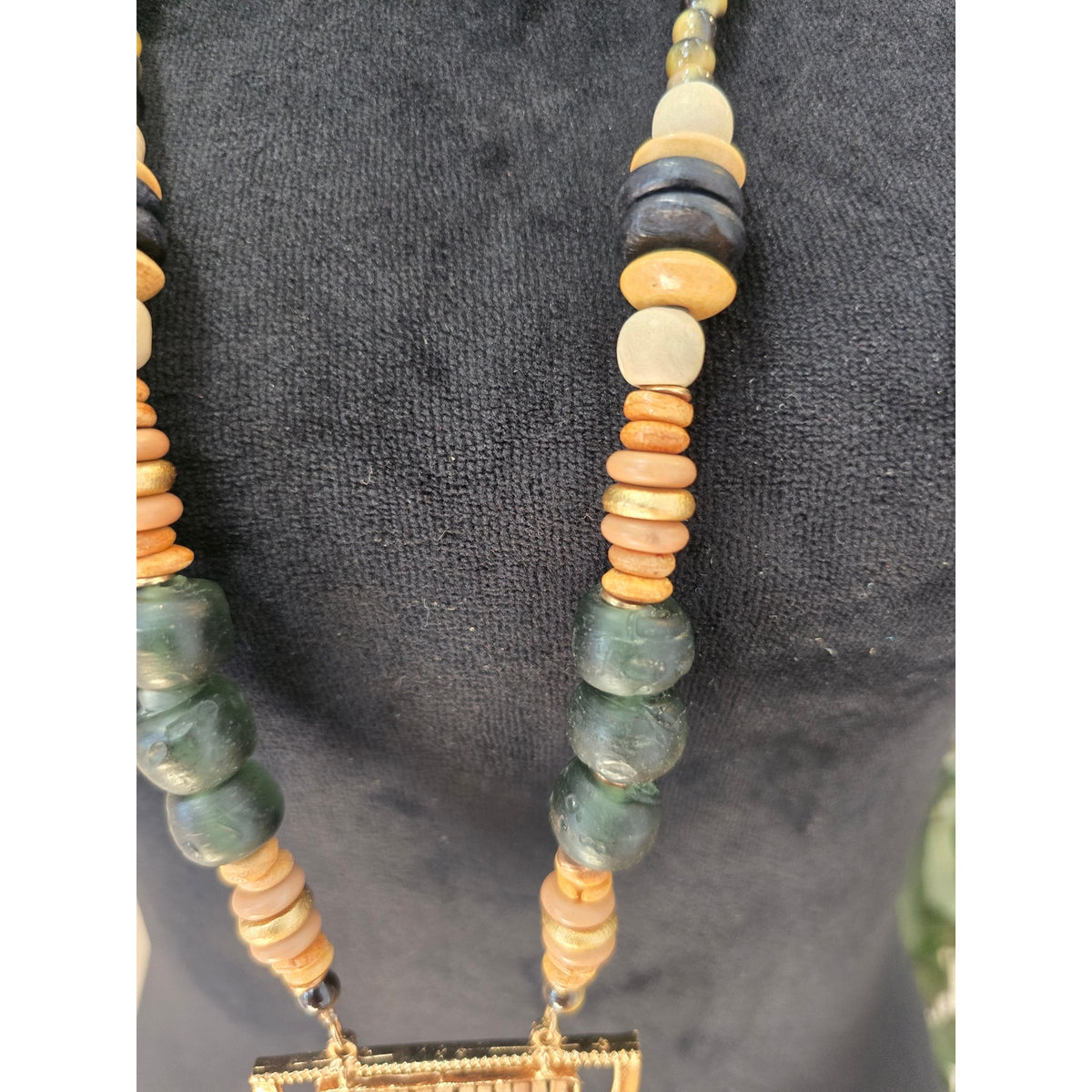 C 1946 Long Multicolor Beaded Necklace Gold Tone Geometric Pendant