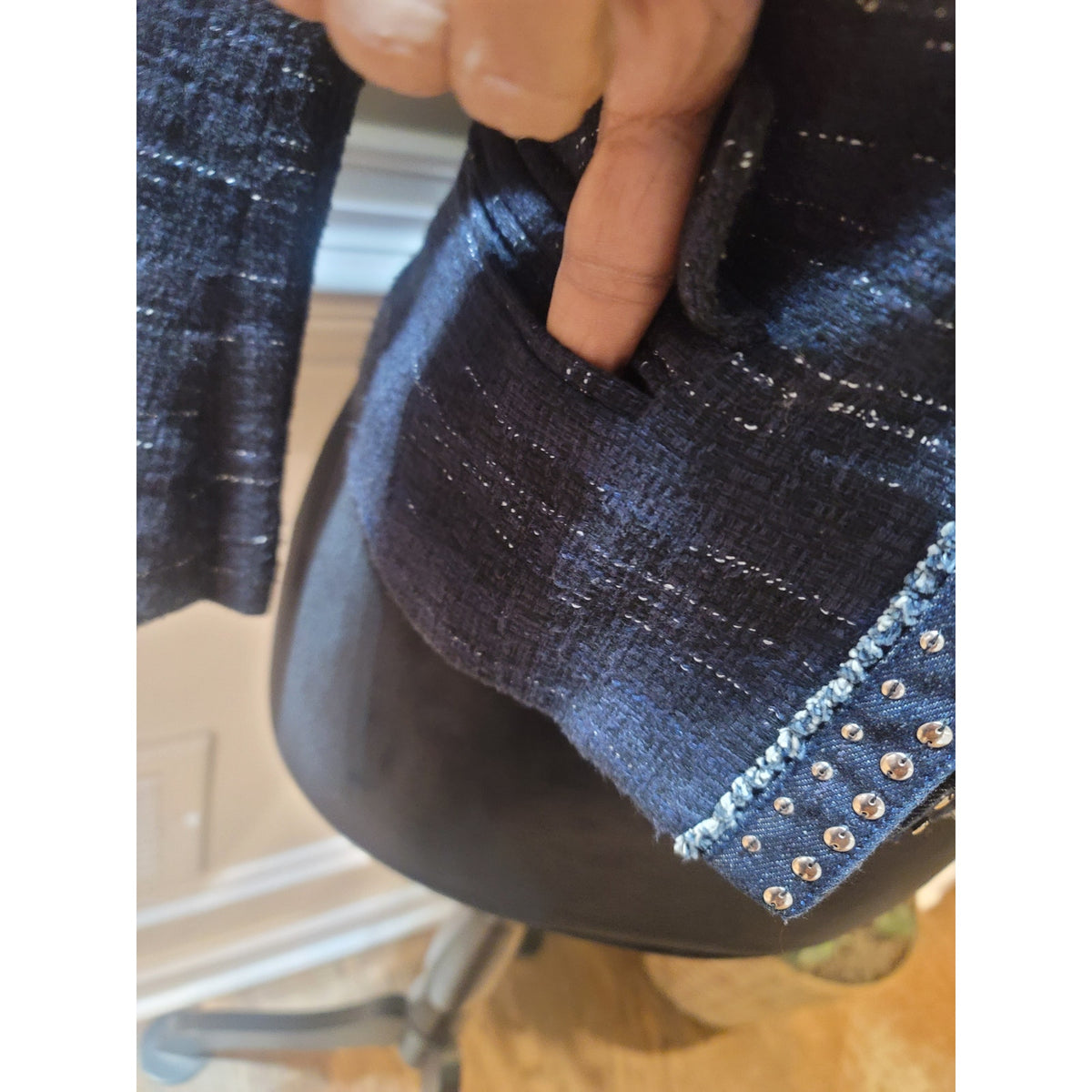 Loft Ann Taylor Blazer Jacket Women's SZ 8 Navy Blue Studded Frayed Faux Pockets