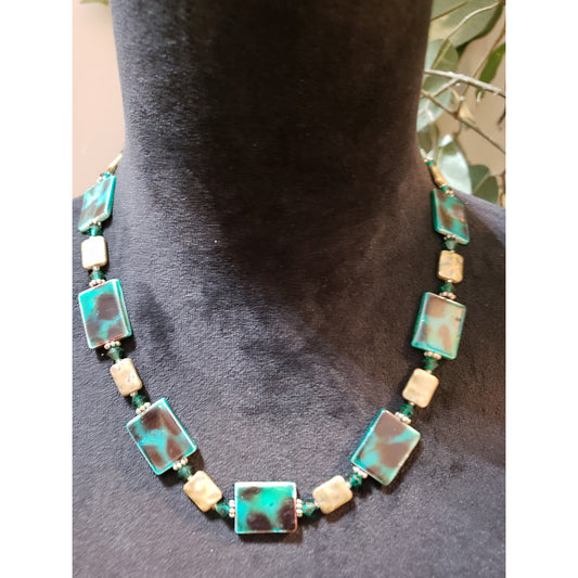 Womens Sea Blue Square Turquoise White Murano Link Stone Necklace with Lobster