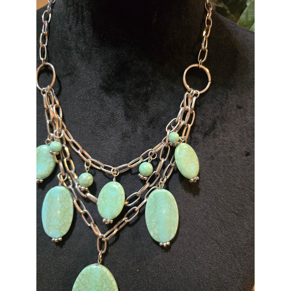 Women's Chunky Multi Strand Silver Tone Necklace Green Stone Statement Bib