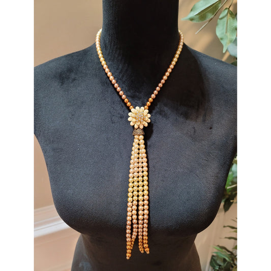 Women's Multitone Pearl Tassel Necklace With Floral Pendant And Box Clasp Design