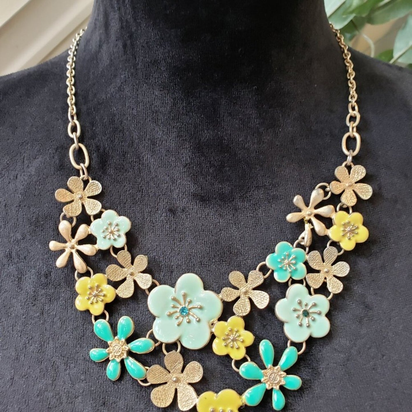 Womens Blue Yellow Rhinestone Floral Bib Necklace Jewelry with Lobster Clasp