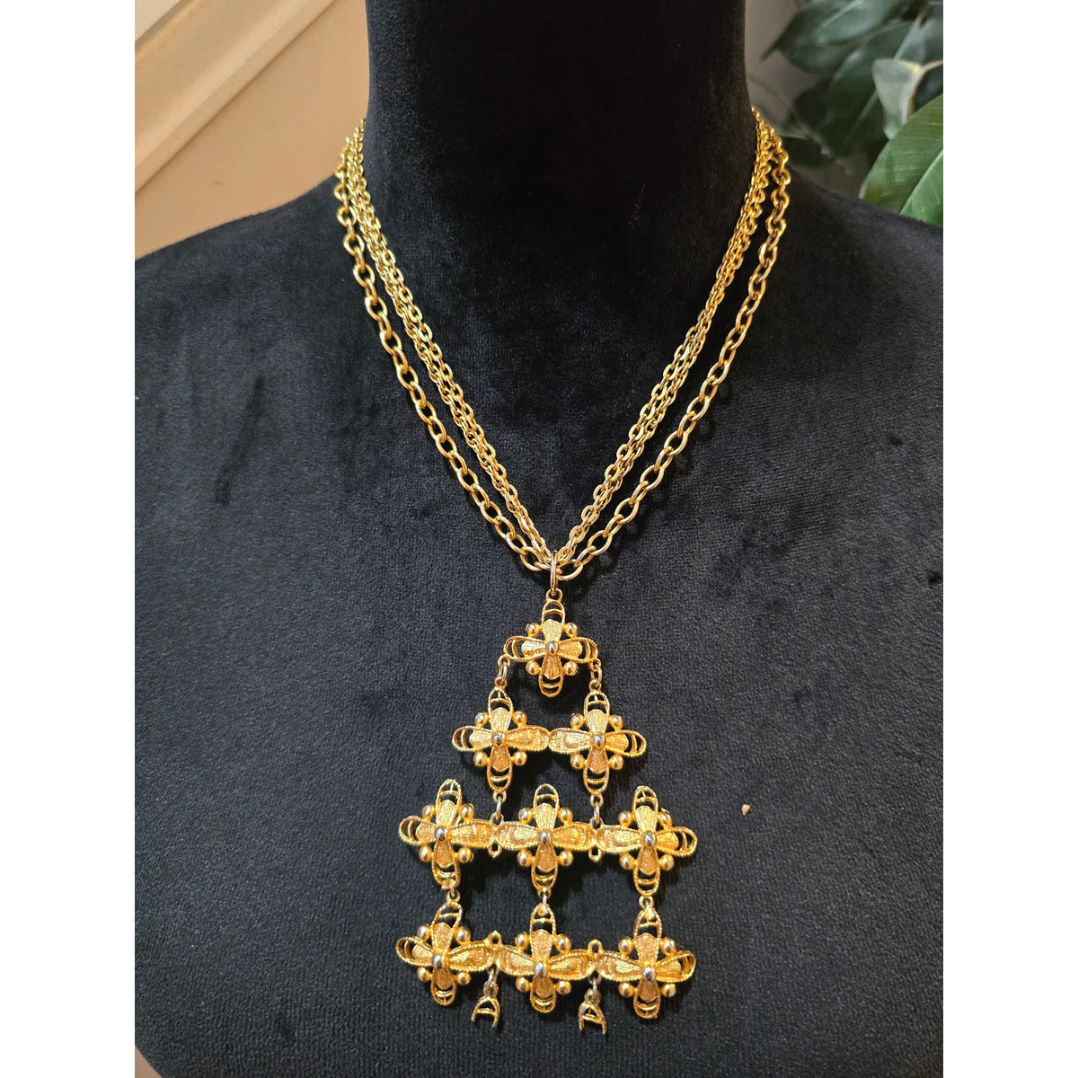 Women's Vintage Gold Tone Multi Chain Necklace Bee Design Statement Pendant