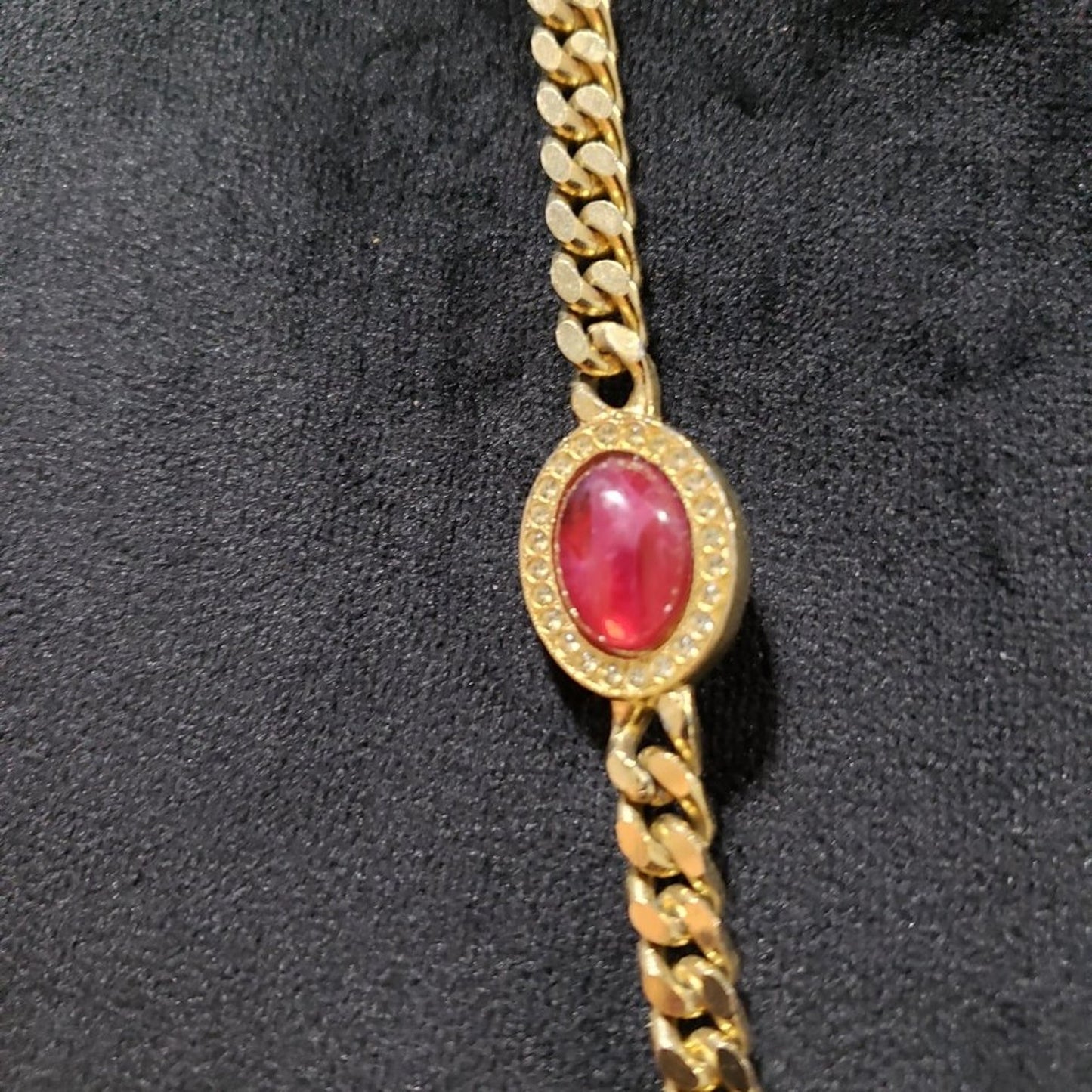 Womens Fashion Gold Tone Curb Chain 2 Ruby Cabochon Bead Cuban Long Necklace