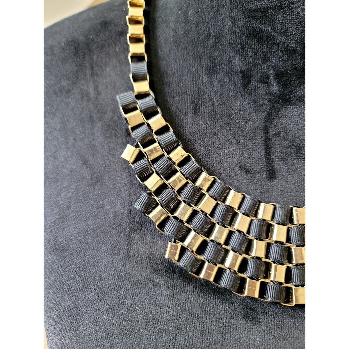 Vintage Black & Gold Geometric Link Collar Necklace Statement Bib Runway Chic