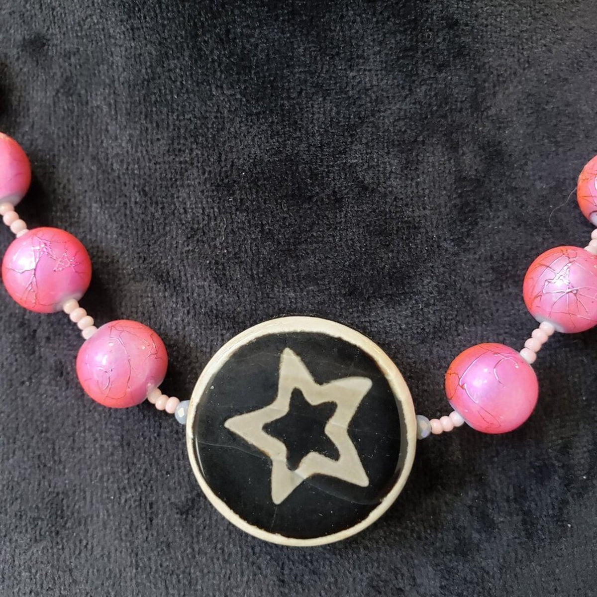 Womens Pink White Tagua Beaded Star Symble Pendant Necklace with Lobster Clasp