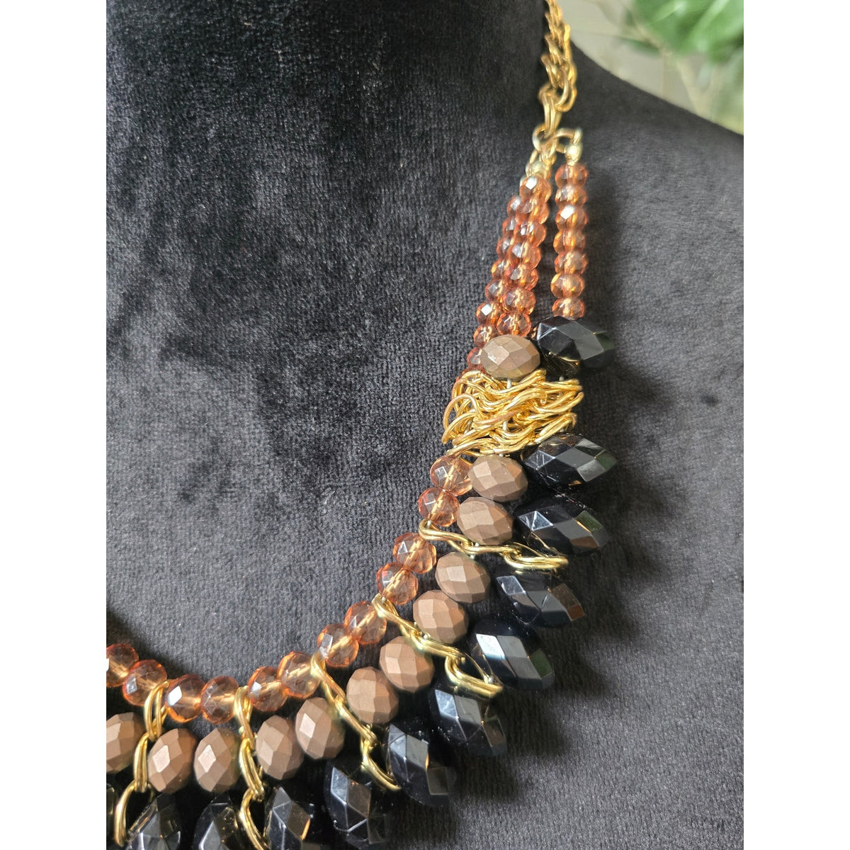 Black Bronze Gold Tone Faceted Beaded Teardrop Layered Fringe Bib Necklace