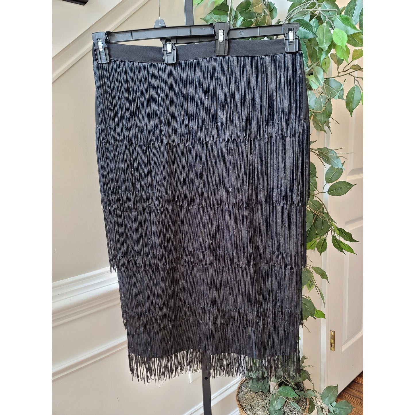 AOMEI Skirt Women's Size L Black Fringed Dance Midi Pleated Stretch Polyester