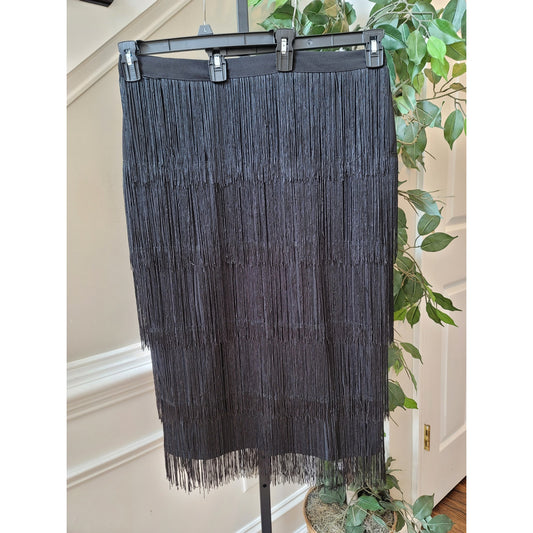 AOMEI Skirt Women's Size L Black Fringed Dance Midi Pleated Stretch Polyester