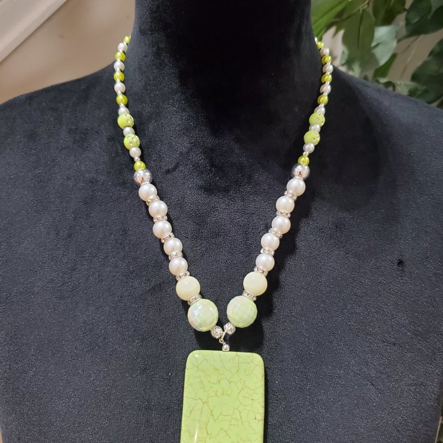 Womens Fashion White Pearl Turquoise Pendant Toggle Necklace with Lobster Clasp
