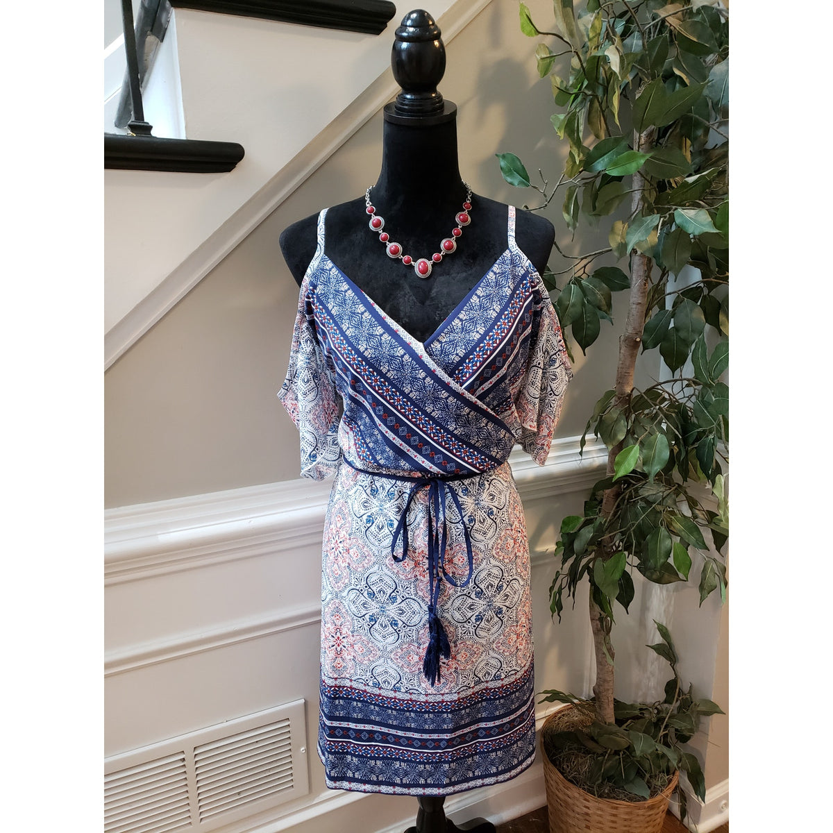 Maurices Dress Women Size X-L Blue Pink Boho Cold Shoulder Wrap Belted