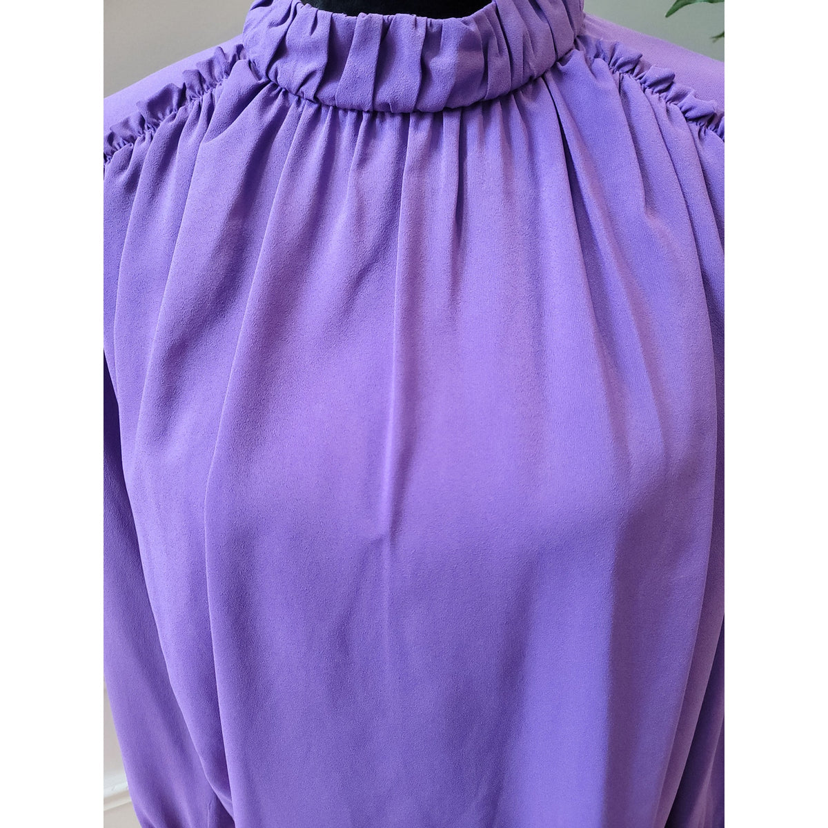 Fab'rik Blouse Small Purple Intricate Lace Trim Ruffle Mock Neck Casual Party