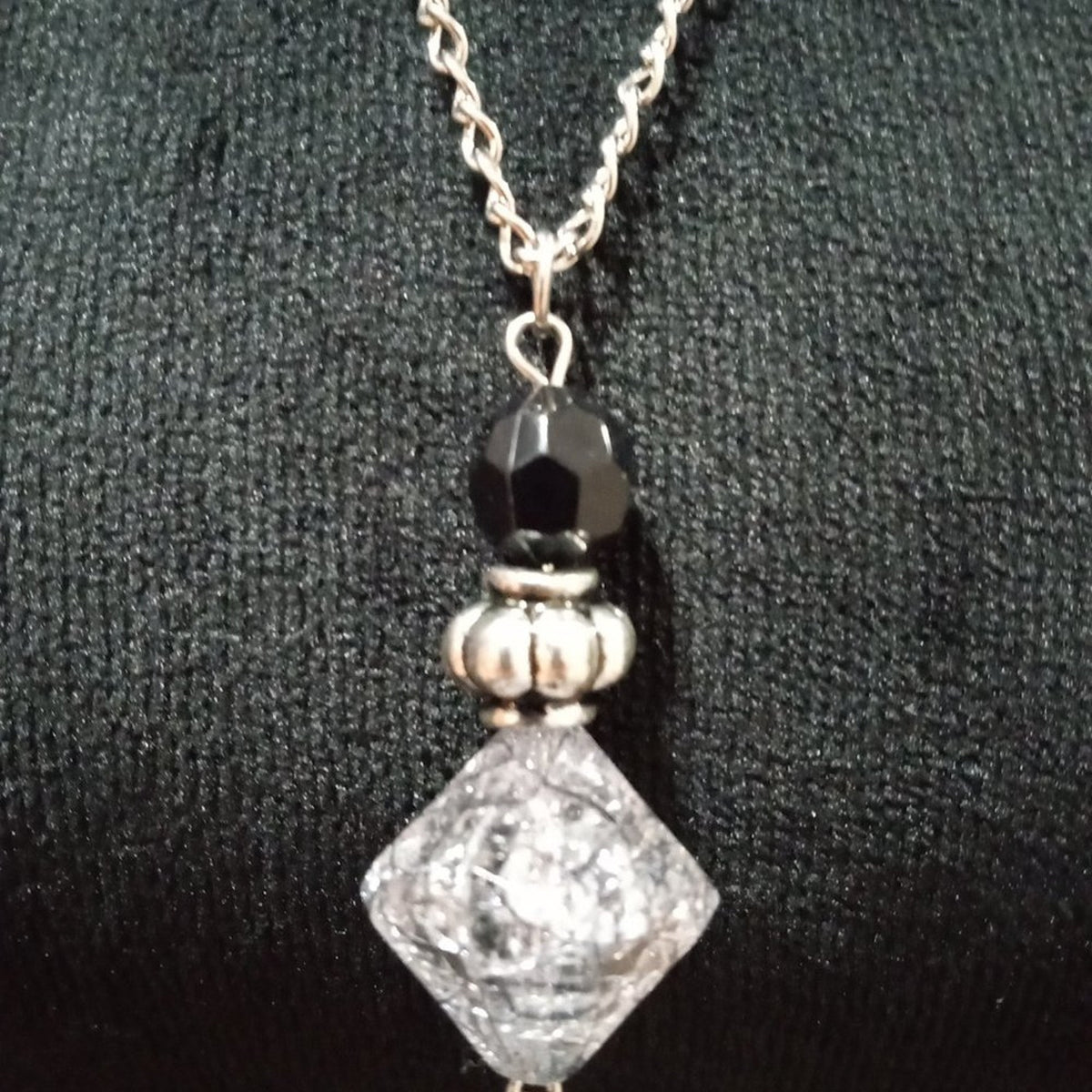 Women Fashion Elegant Clear & Black Rhinestone Silver Tassel Pendant Necklace