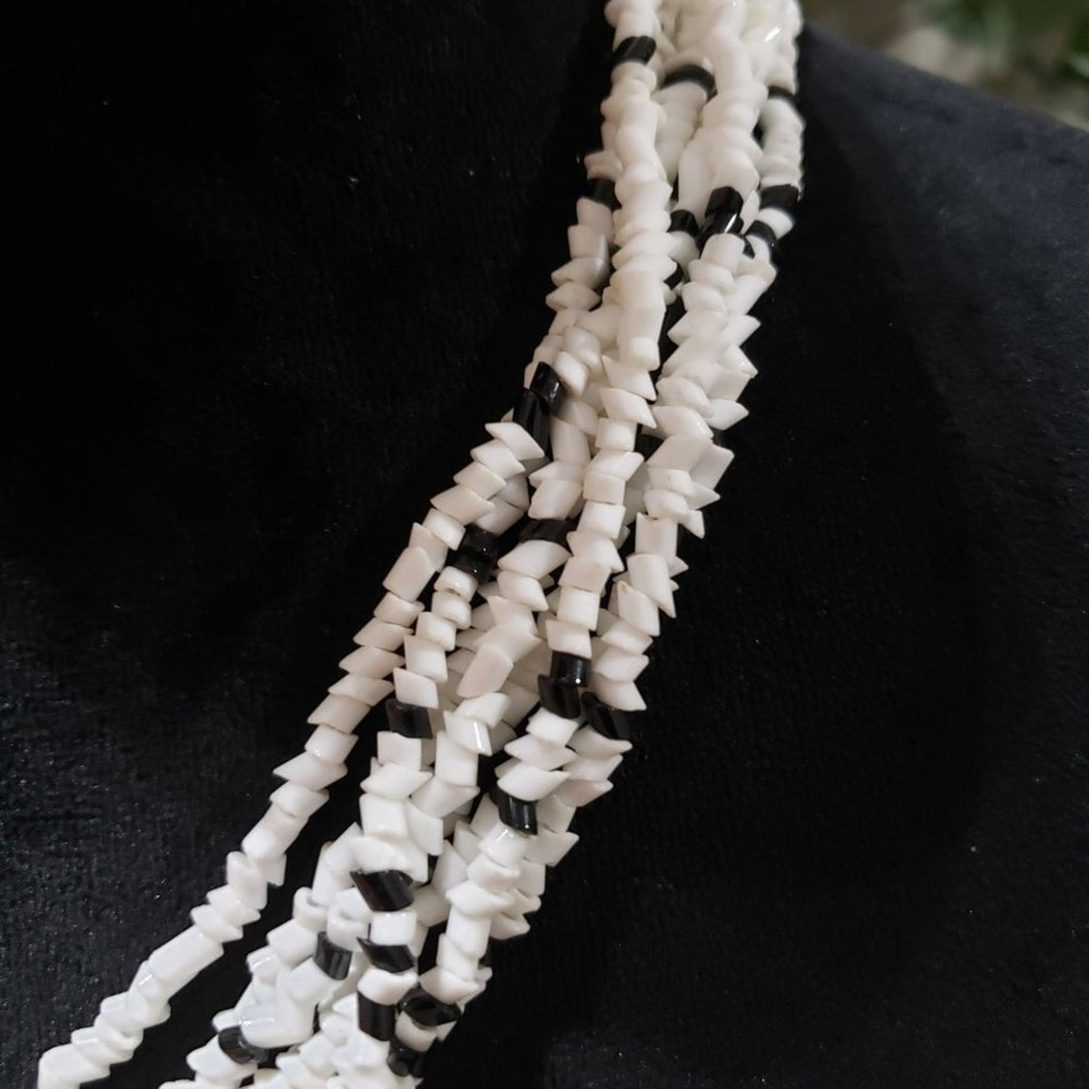 Womens Fashion Multistrand Black White Beaded Collar Necklace with Lobster Clasp