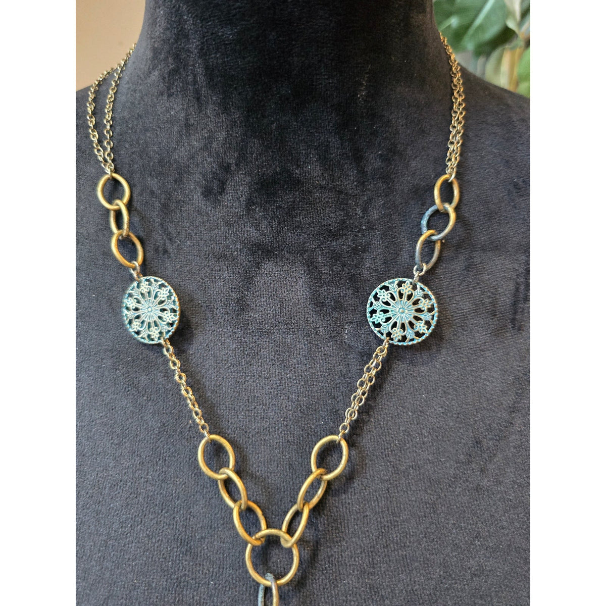 Women's Gold-Tone Blue Filigree 3-Medallion Pendant Necklace with Lobster Clasp