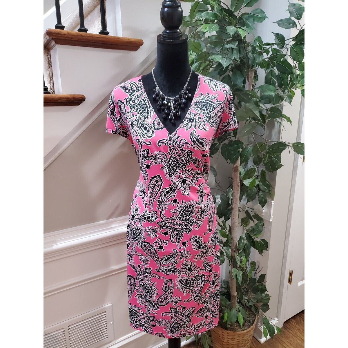 Jones New York Womens Pink Polyester V-Neck Short Sleeve Knee Length Dress Large