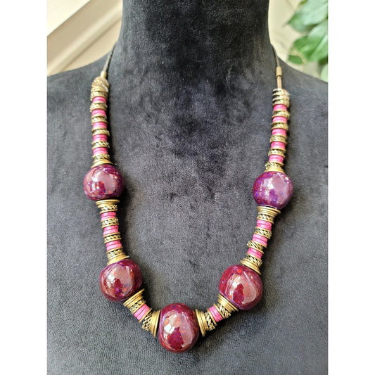 Purple Beaded Statement Necklace with Gold Tone Spacers Chunky Boho Jewelry