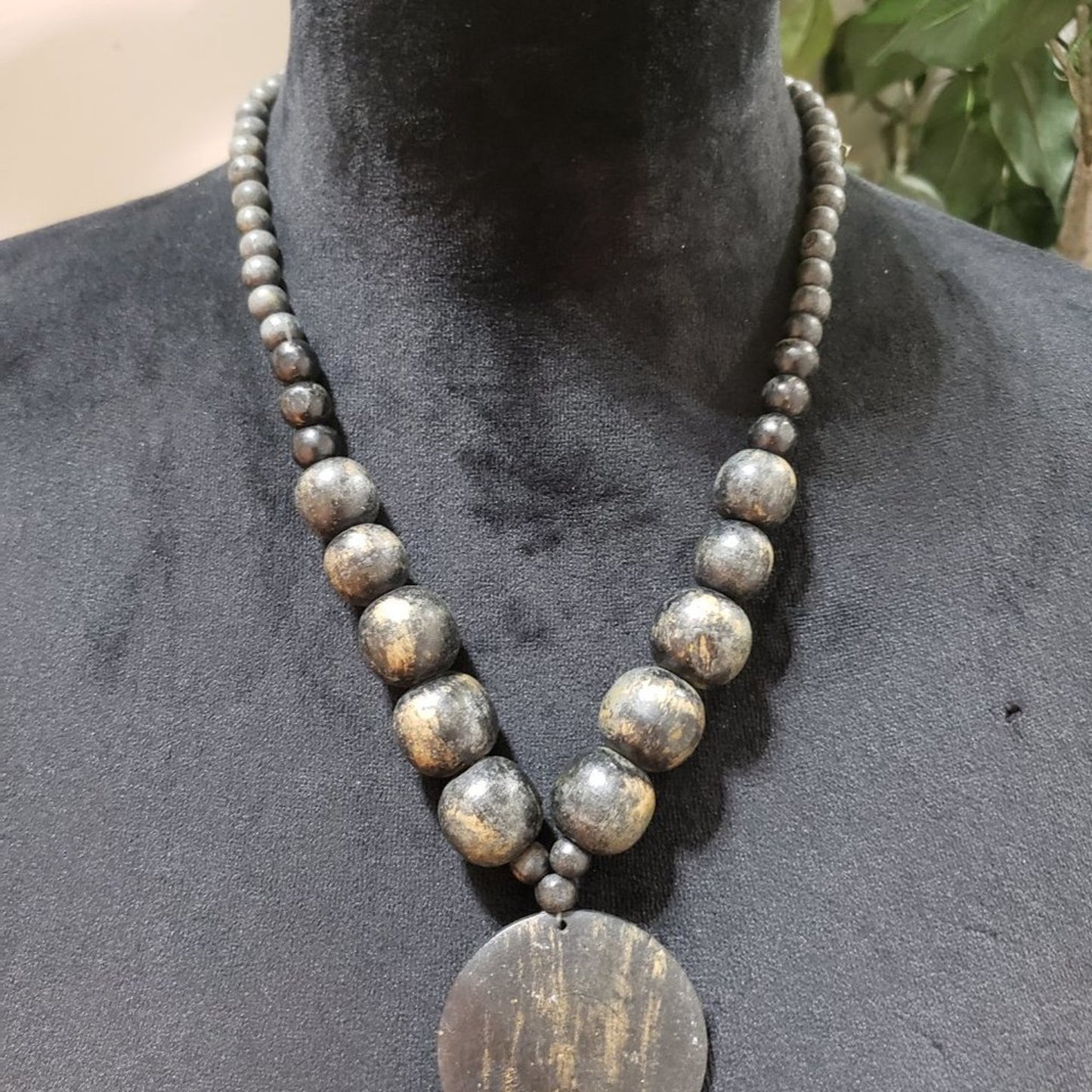 Womens Ethnic Boho Style Round Wooden Beaded Big Pendant Necklace w/ Lobster